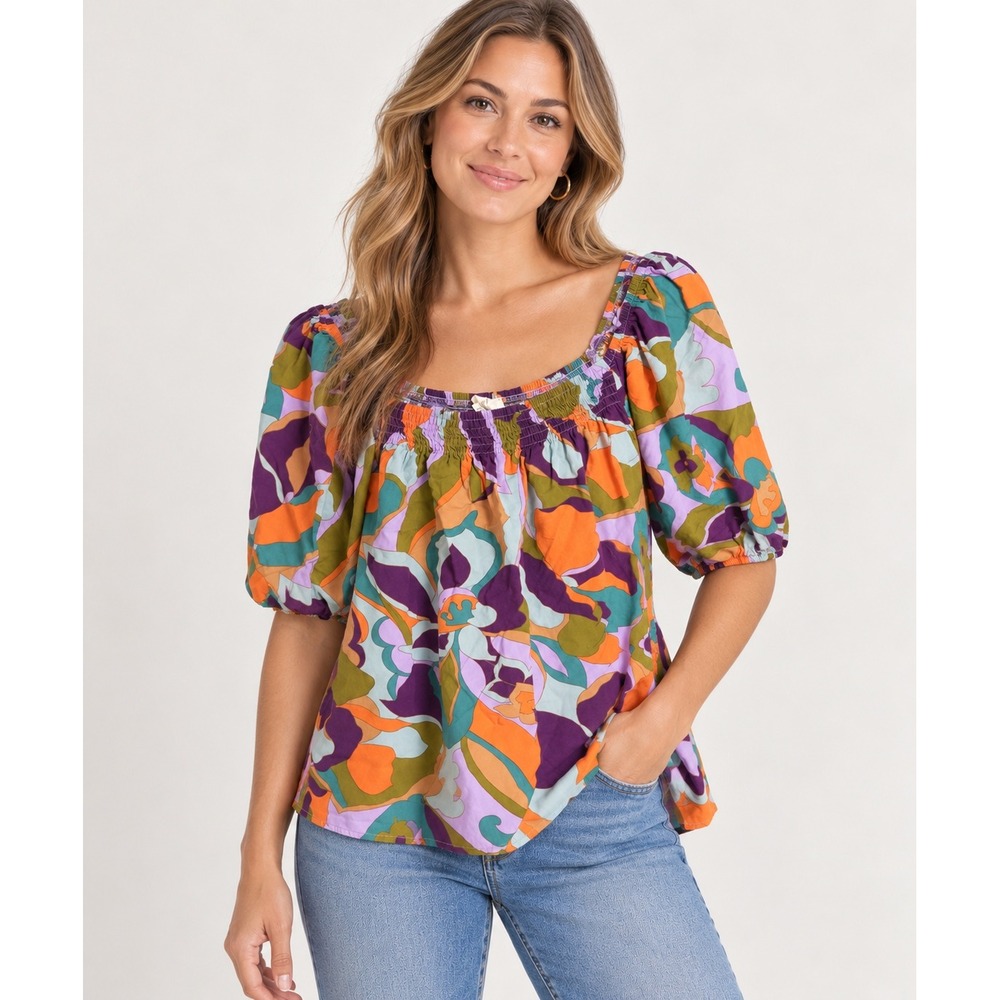Easel Blouse Womens Medium Multicolor Excellent Smocked Puff Sleeve ET18348